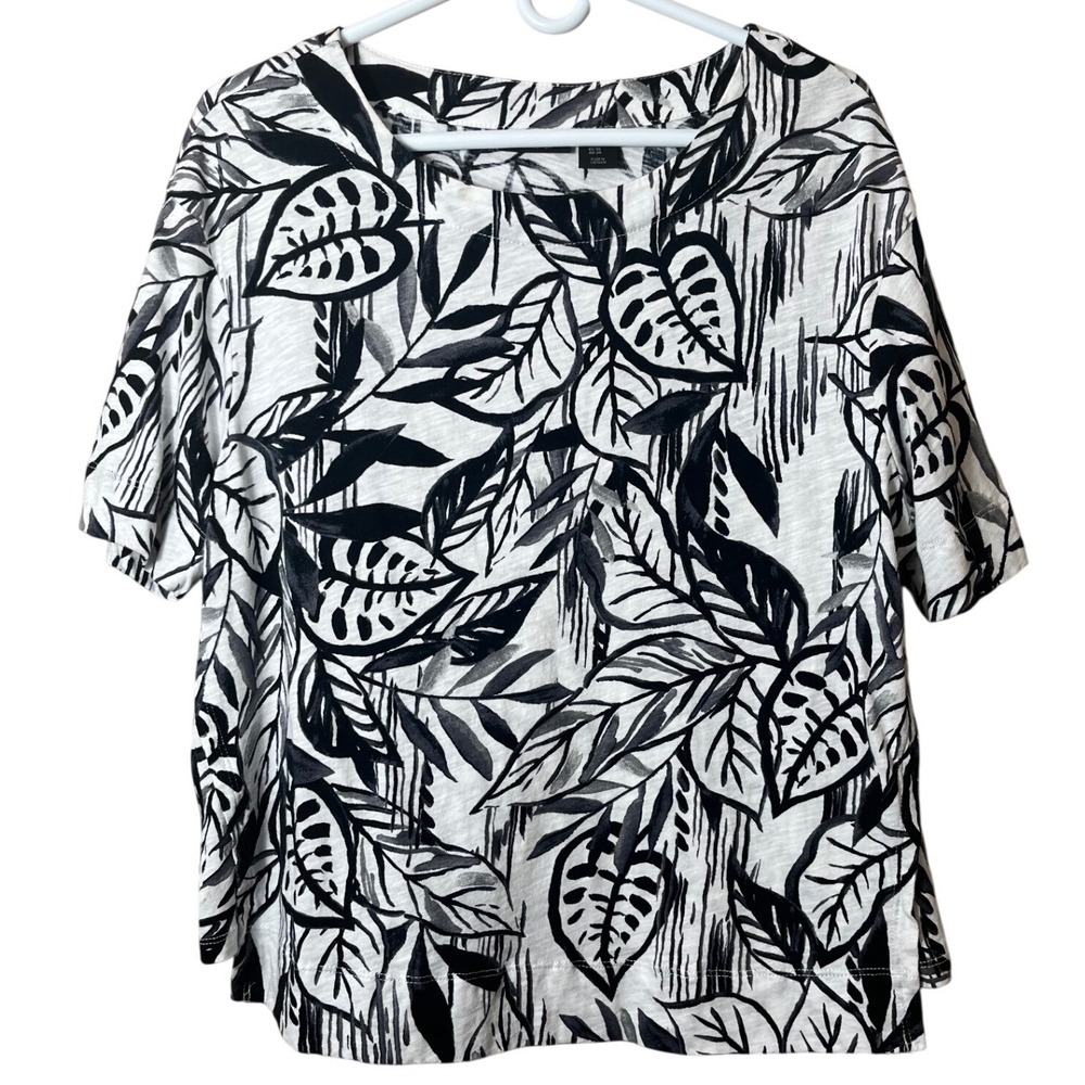 Tahari 1X Top Black White Tropical Leaf Print Cotton Slub Tee Boho‎ Coastal 100%